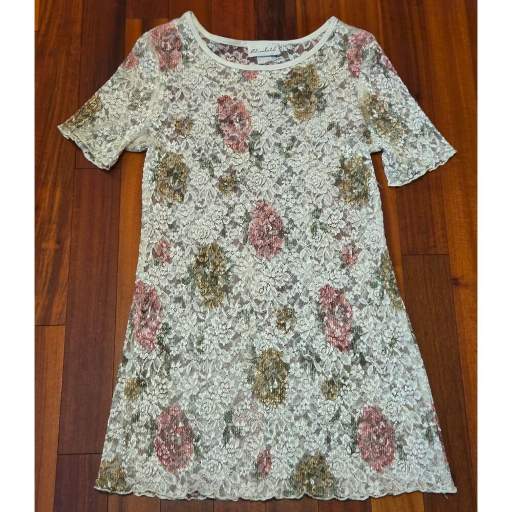 Vintage 80s 90s White Pink Floral Sheer Lace Shirt Dress 14 Cottagecore Fair